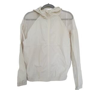Mono B Off-White Nylon Mesh Design Full Zip Hooded Jacket Women Sz Small
